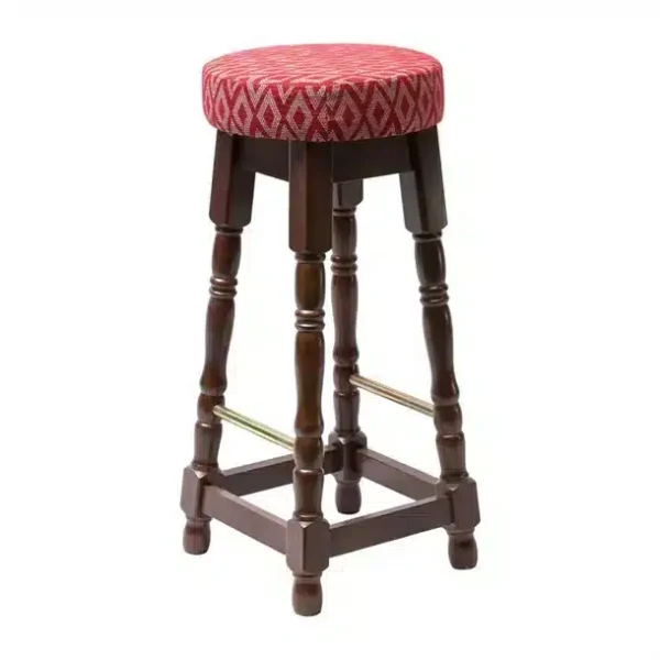 Classic Dark Wood High Bar Stool with Red Diamond Seat