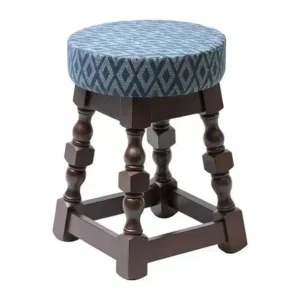 Classic Dark Wood Low Bar Stool with Blue Diamond Seat