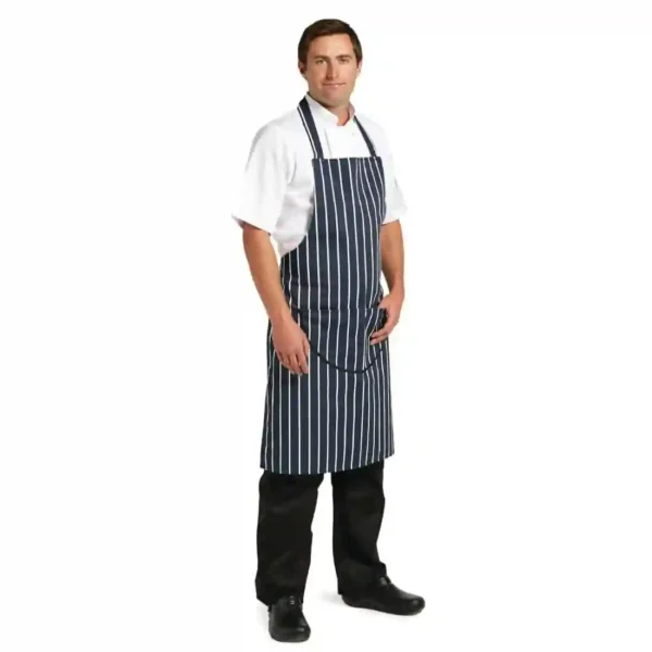 Whites Butchers Apron Navy Stripe with Pocket - Image 4