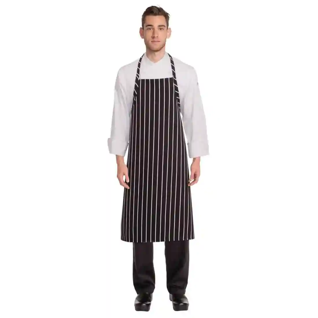 Chef Works Premium Woven Bib Apron Black and White Stripe - Image 2
