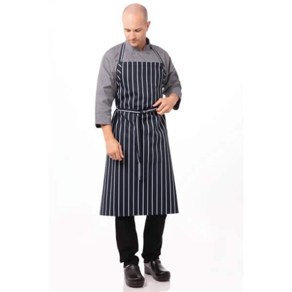 Chef Works Premium Woven Bib Apron Navy and White Stripe - Image 8