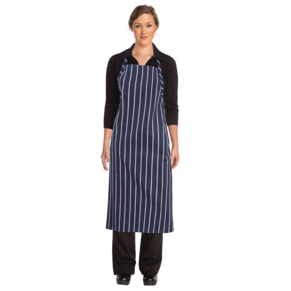 Chef Works Premium Woven Bib Apron Navy and White Stripe - Image 2
