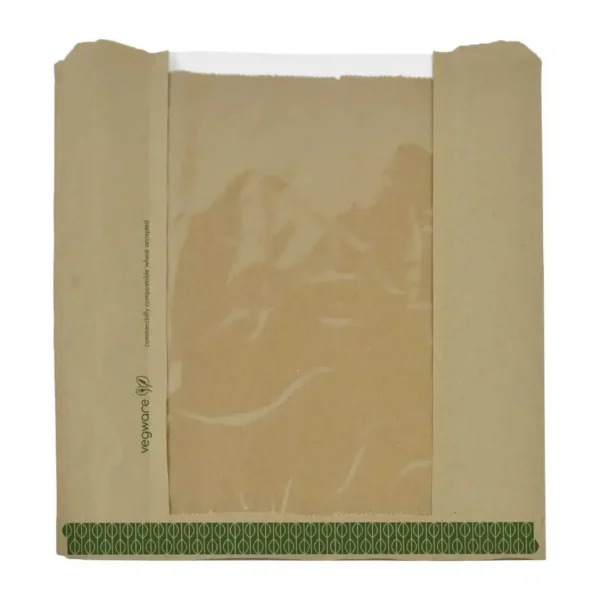 Vegware Kraft Large Sandwich/Cookie Bag with PLA Window 10"x10" (Pack of 1000) - Image 1