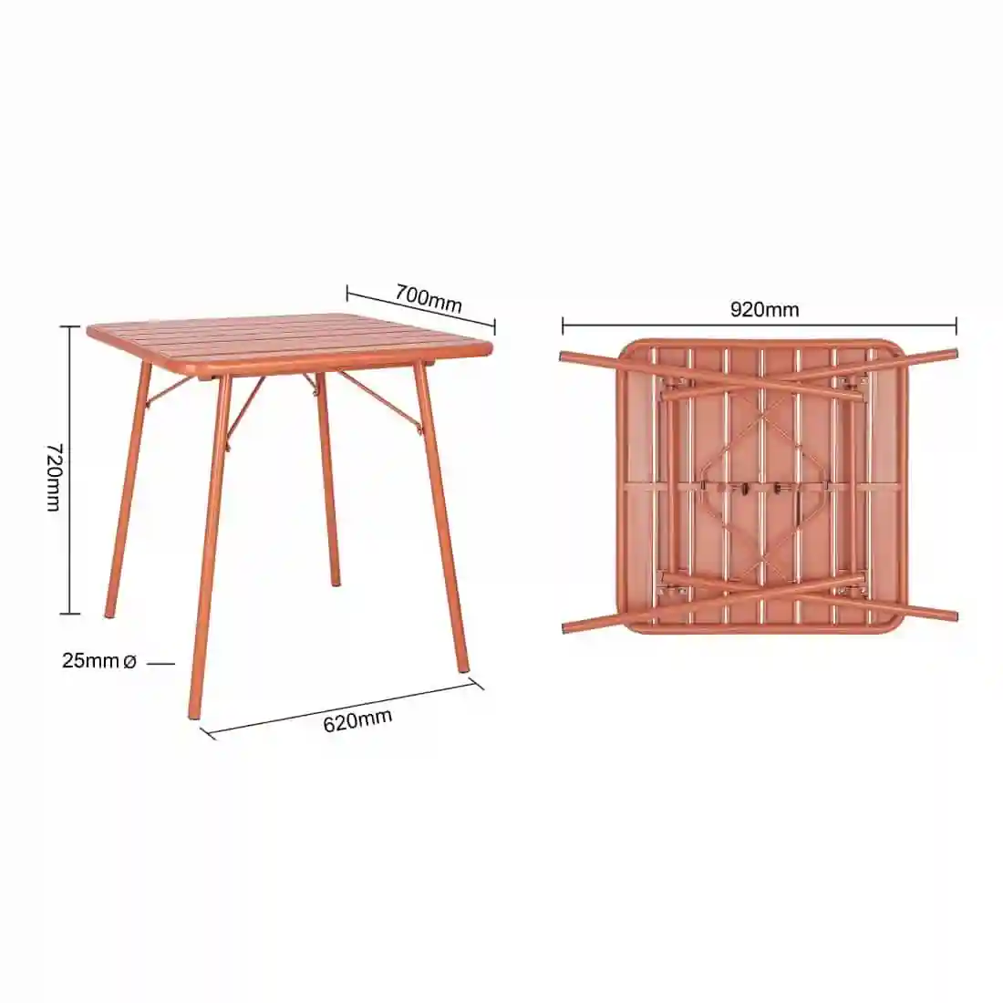 Bolero Terracotta Square Slatted Steel Table - 700mm - Image 5