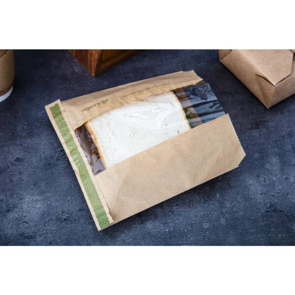 Vegware Compostable Kraft Sandwich Bags with NatureFlex Window Small (Pack of 1000) - Image 2