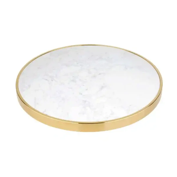 Bolero Round Marble Tabletop with Brass Effect Rim White 600mm - Image 3