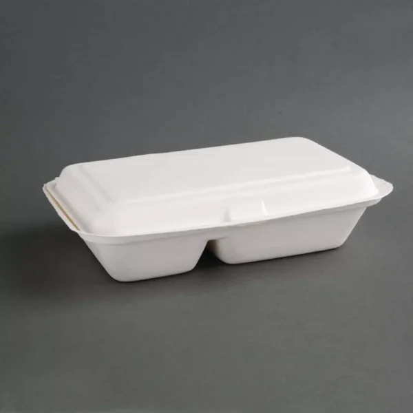 Fiesta Compostable Bagasse Hinged 2-Compartment Food Containers 253mm (Pack of 200) - Image 1