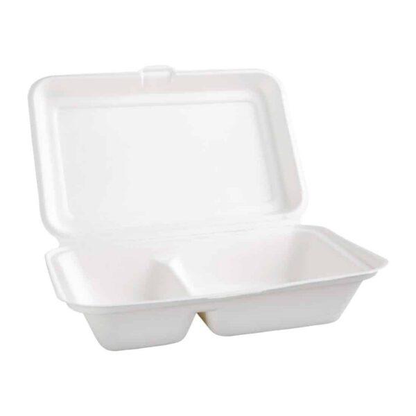 Fiesta Compostable Bagasse Hinged 2-Compartment Food Containers 253mm (Pack of 200) - Image 2