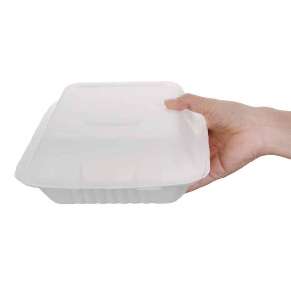 Fiesta Compostable Bagasse Hinged 3-Compartment Food Containers 201mm (Pack of 200) - Image 4