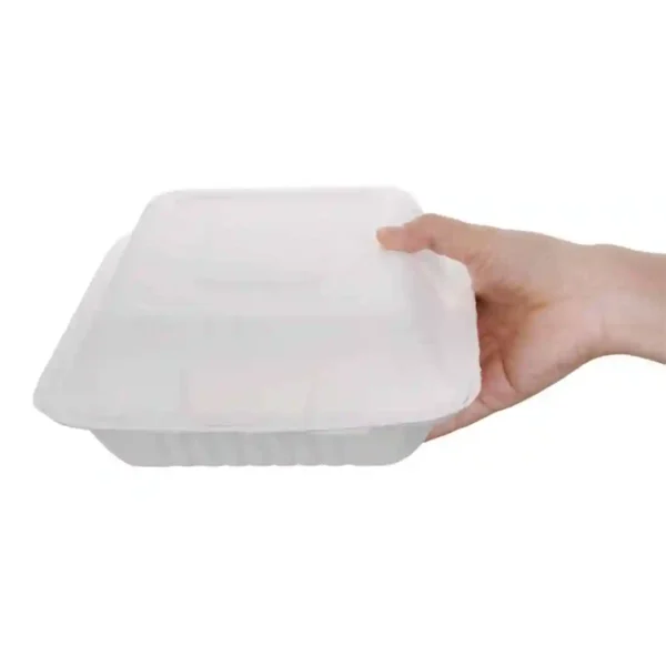 Fiesta Compostable Bagasse Hinged 3-Compartment Food Containers 201mm (Pack of 200) - Image 4