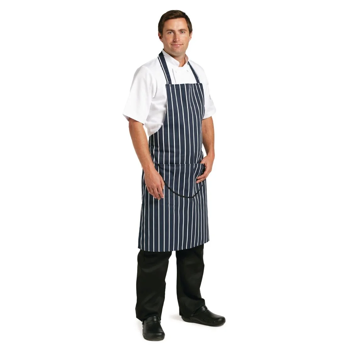 Whites Butchers Apron Navy Stripe with Pocket - Image 2