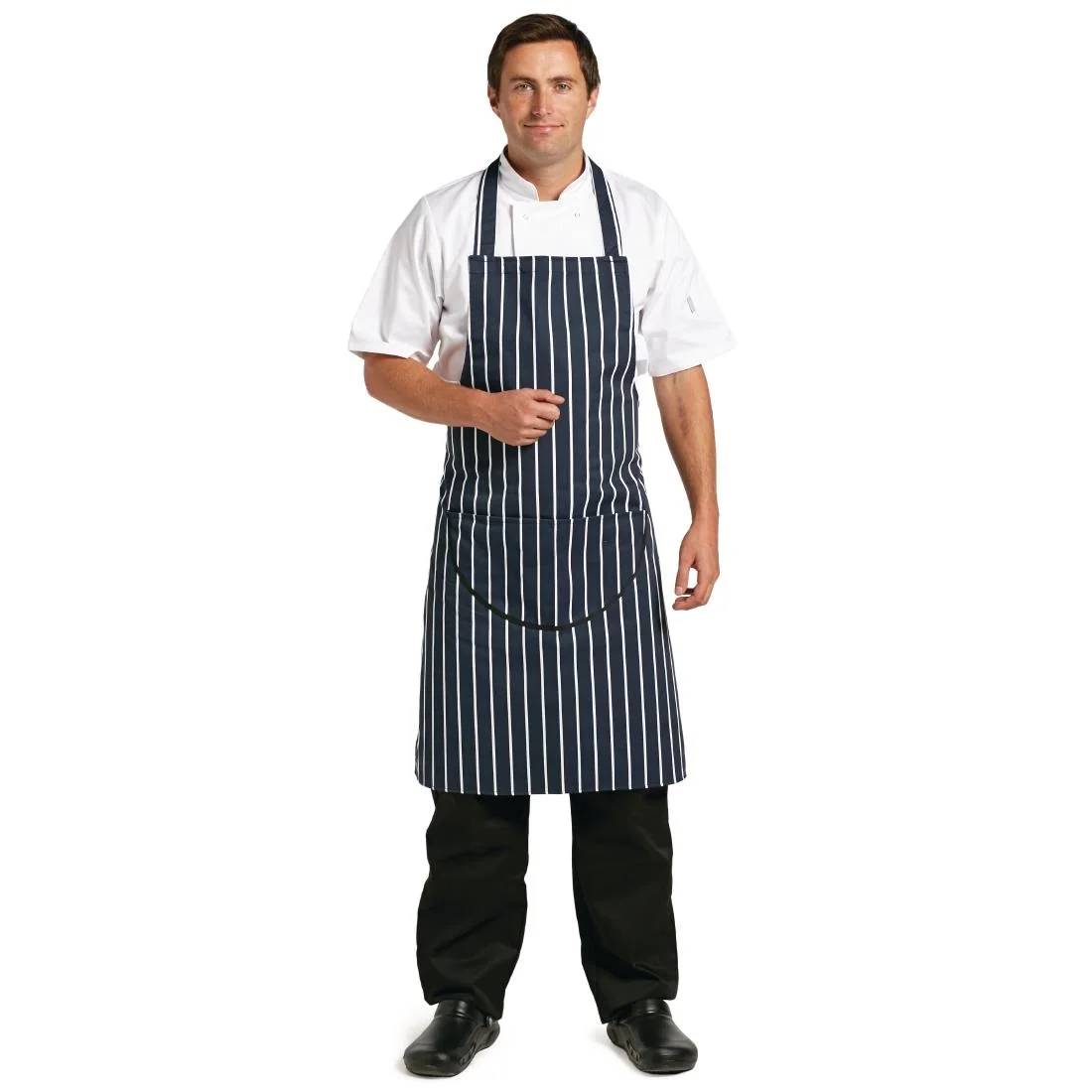 Whites Butchers Apron Navy Stripe with Pocket - Image 3