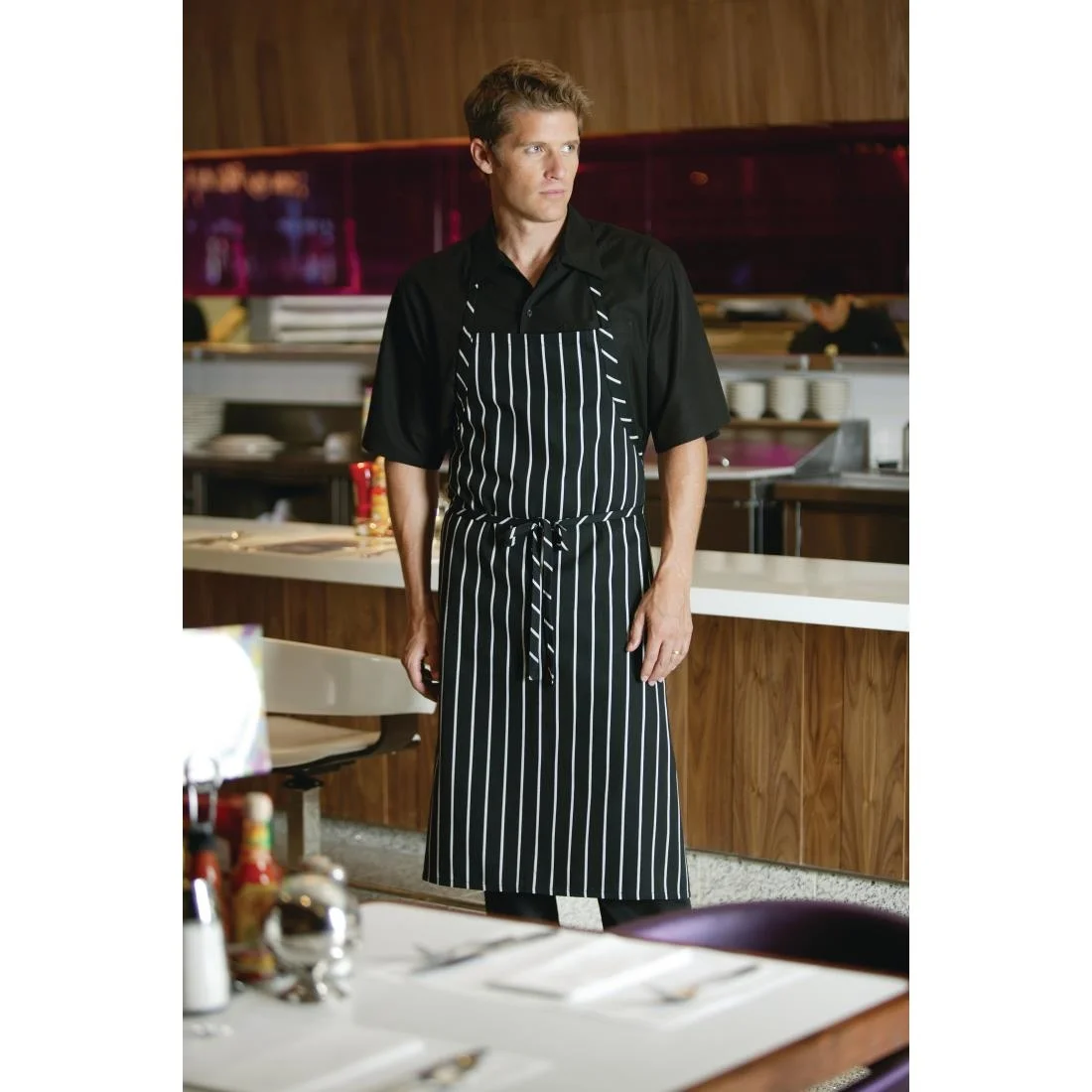 Chef Works Premium Woven Bib Apron Black and White Stripe - Image 4