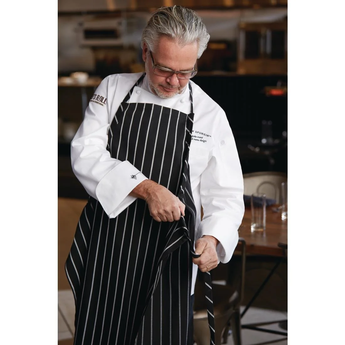Chef Works Premium Woven Bib Apron Black and White Stripe - Image 6
