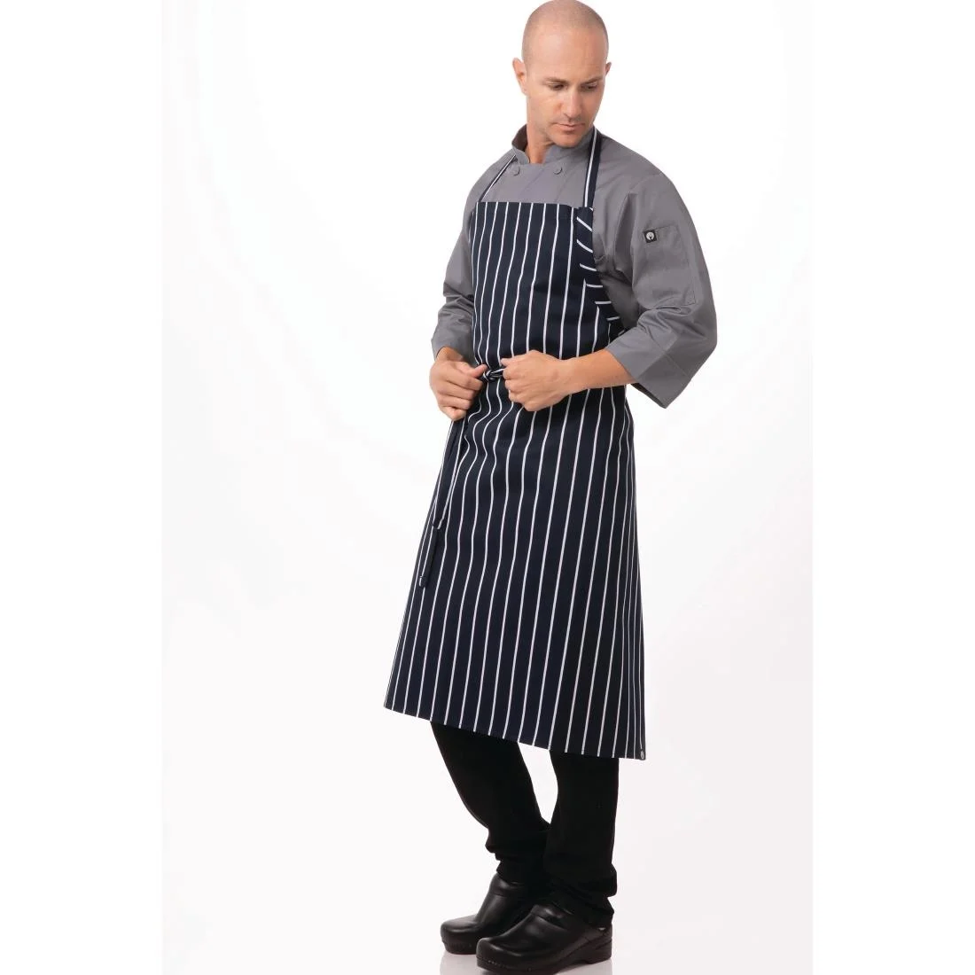 Chef Works Premium Woven Bib Apron Navy and White Stripe - Image 2