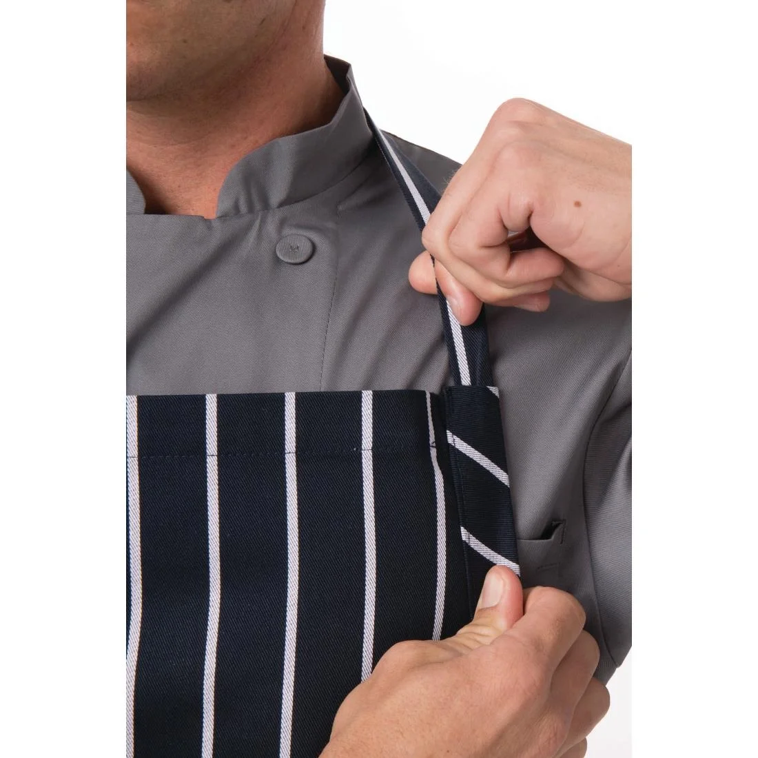 Chef Works Premium Woven Bib Apron Navy and White Stripe - Image 3