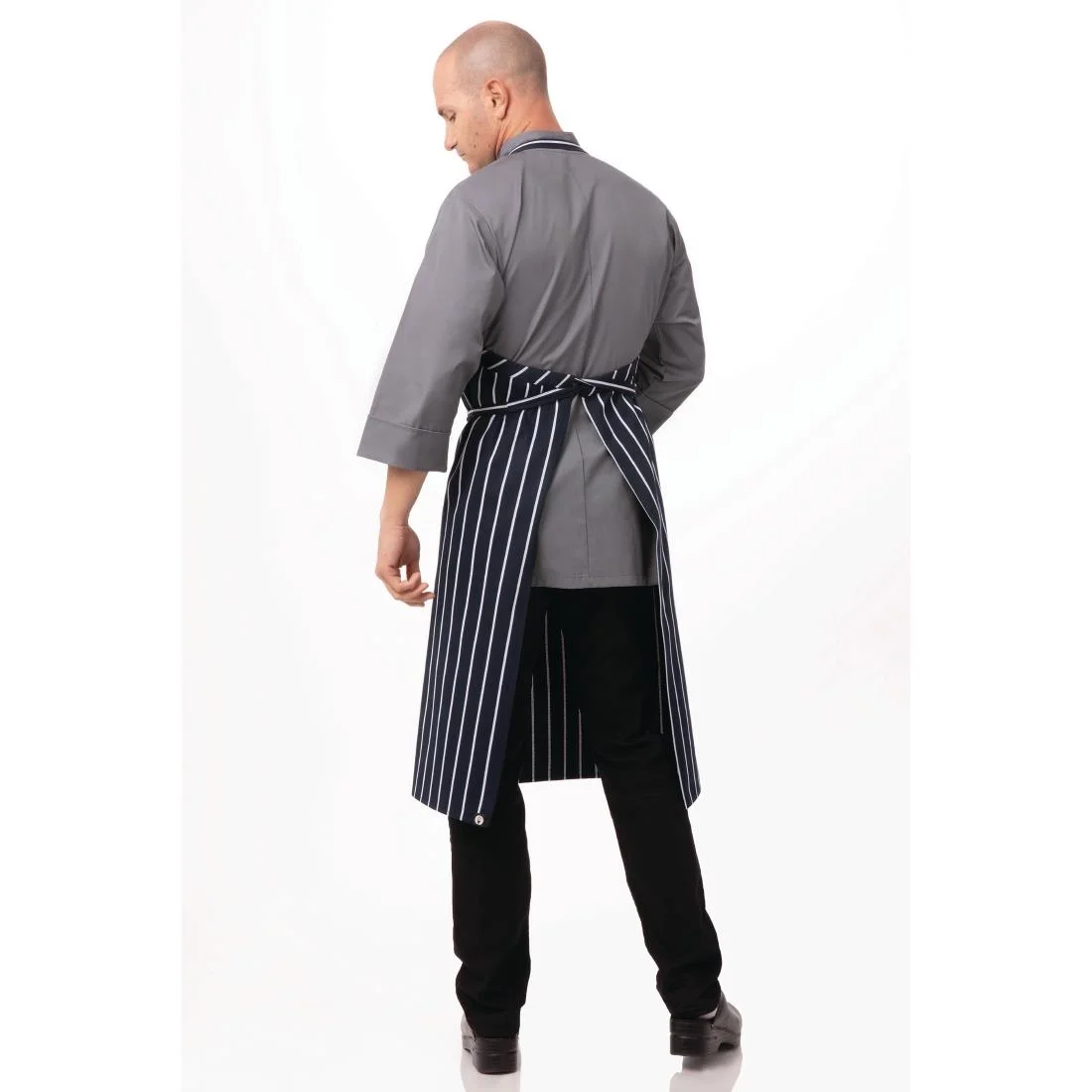Chef Works Premium Woven Bib Apron Navy and White Stripe - Image 4