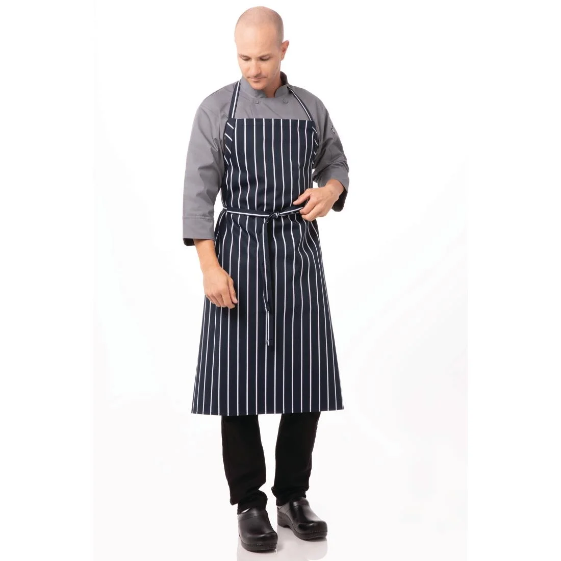 Chef Works Premium Woven Bib Apron Navy and White Stripe - Image 5