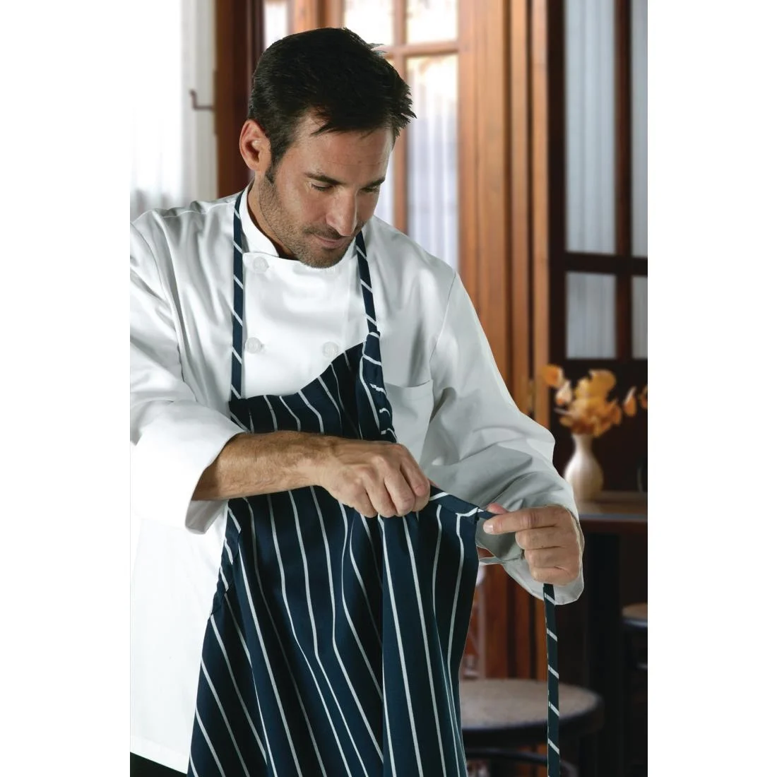 Chef Works Premium Woven Bib Apron Navy and White Stripe - Image 7