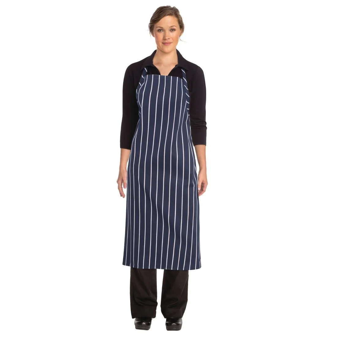 Chef Works Premium Woven Bib Apron Navy and White Stripe - Image 8