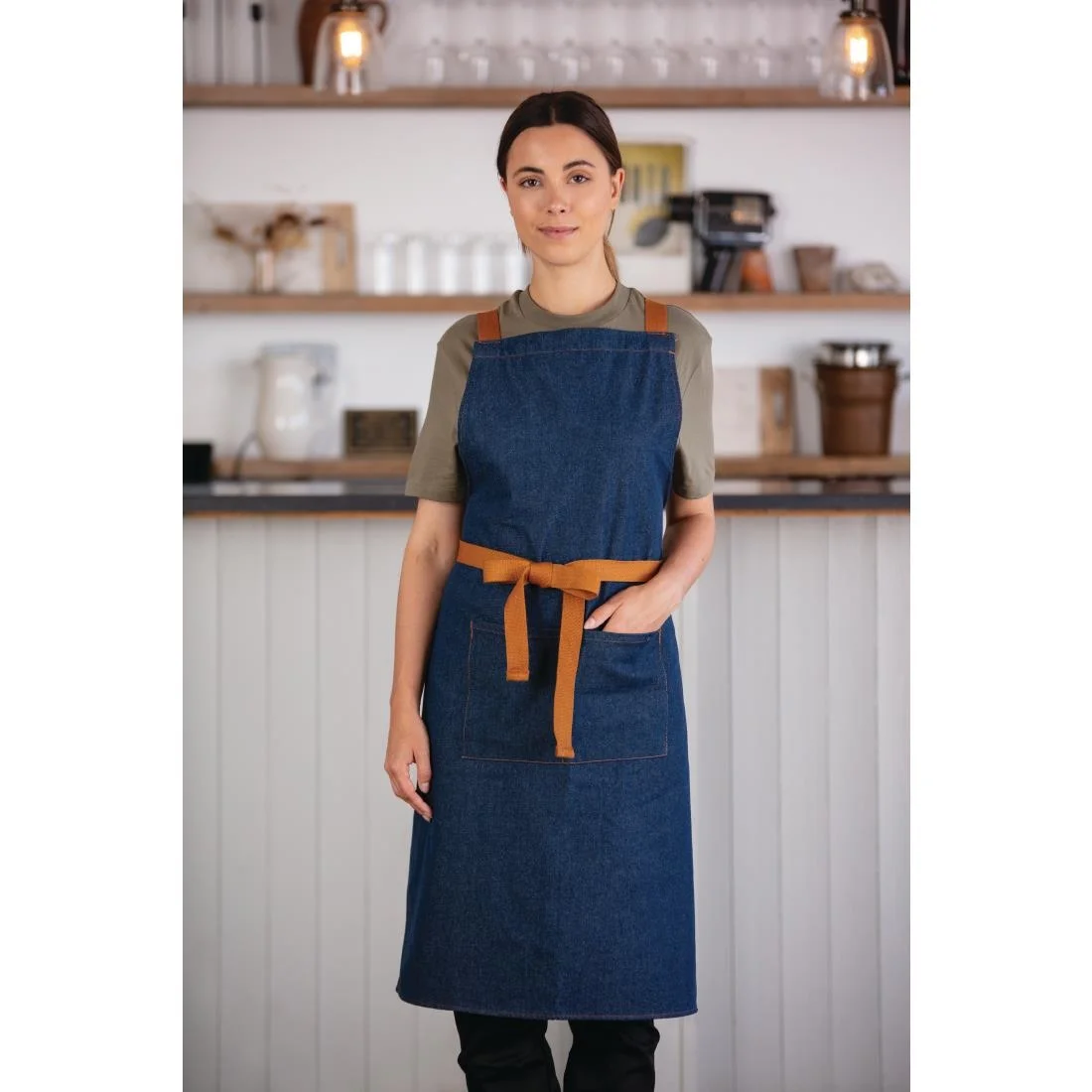 Southside X-Cross Back Apron Denim Blue Tan Ties - Image 6