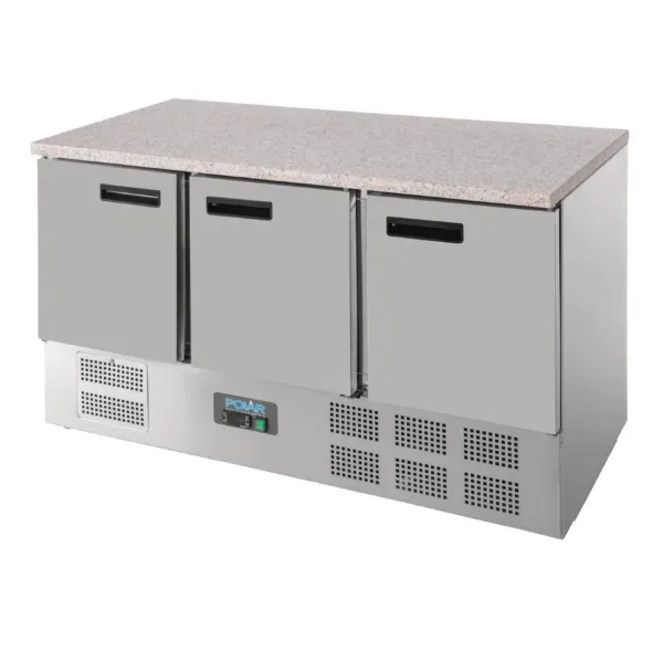 Polar 3 Door Refrigerated Counter with Marble Work Top 368Ltr