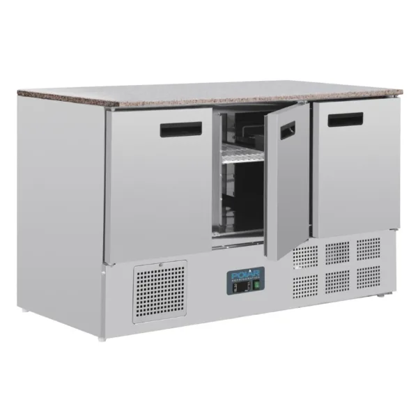 Polar 3 Door Refrigerated Counter with Marble Work Top 368Ltr
