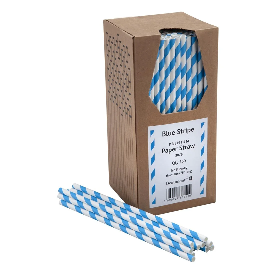 Beaumont Blue & White Stripped Bore Paper Straw 8 Inch 6mm (Pack of 250)