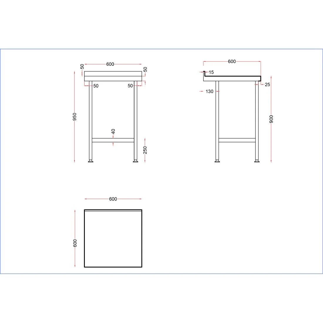 Holmes Stainless Steel Wall Table with Upstand 600mm - Image 2