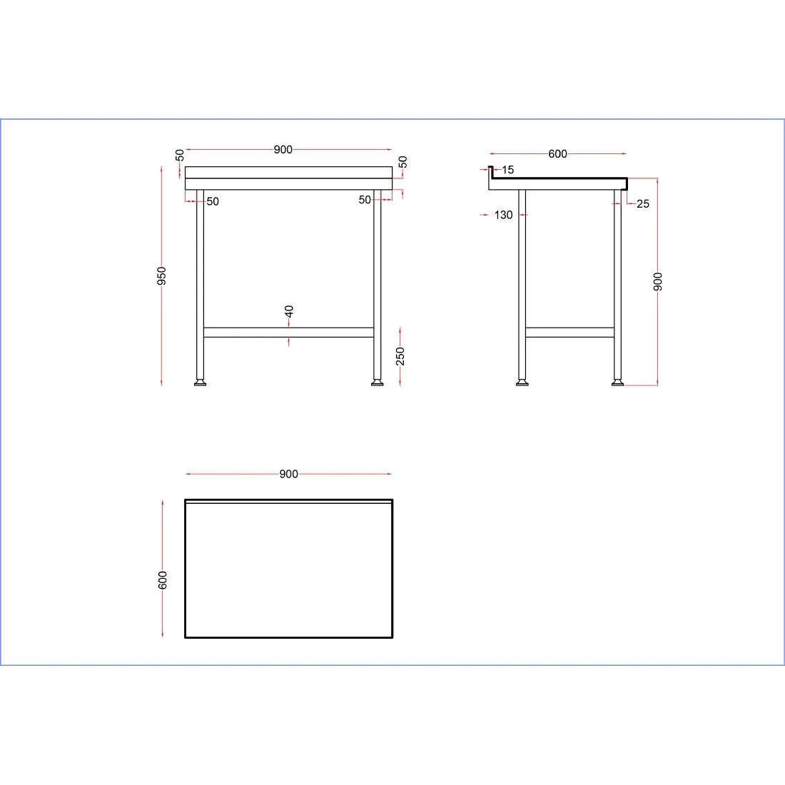 Holmes Stainless Steel Wall Table with Upstand 900mm - Image 3