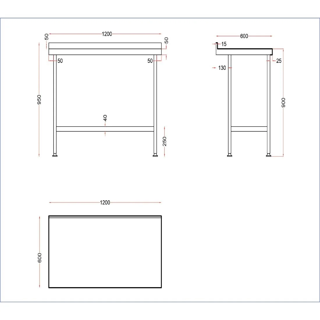 Holmes Stainless Steel Wall Table with Upstand 1200mm - Image 3