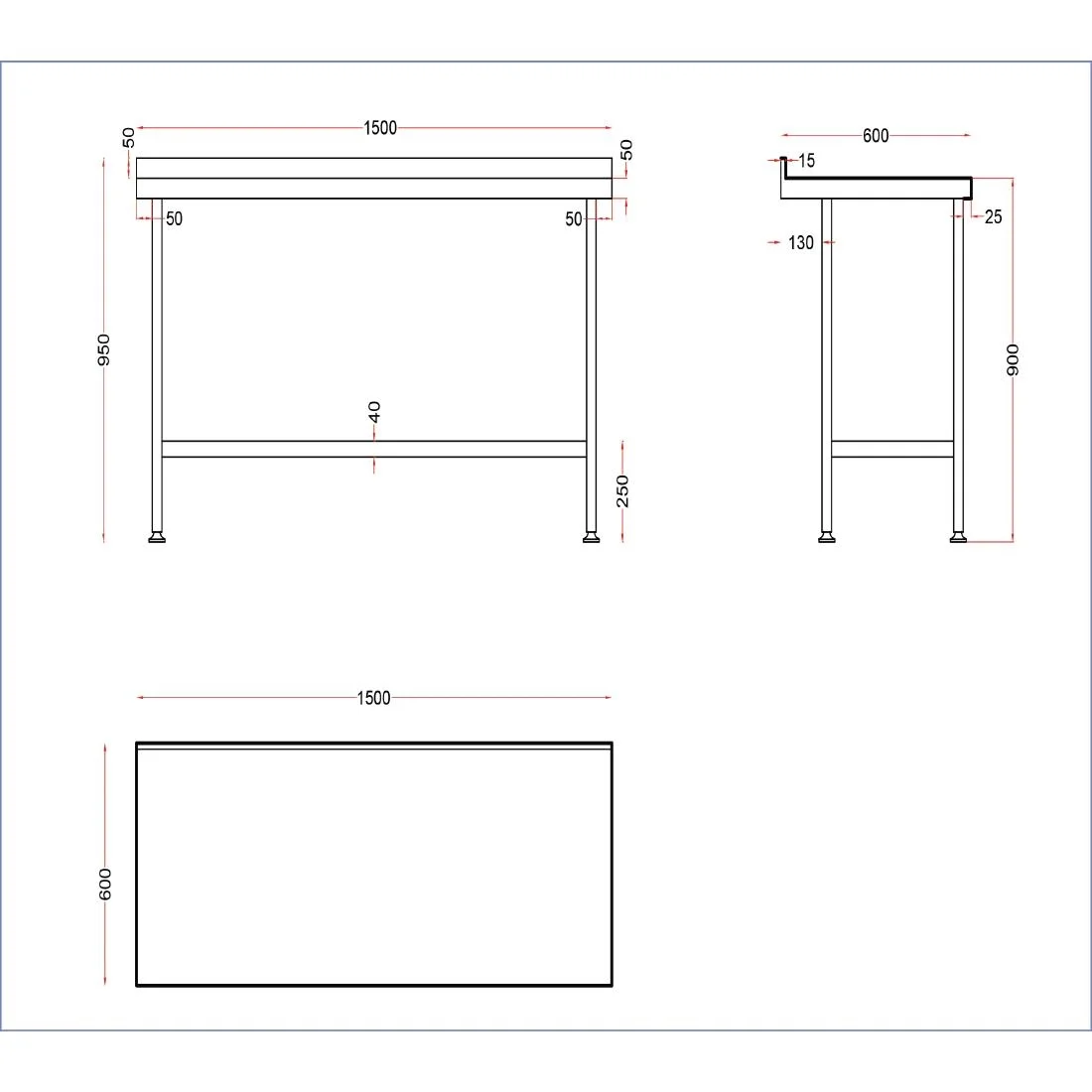 Holmes Stainless Steel Wall Table with Upstand 1500mm - Image 3