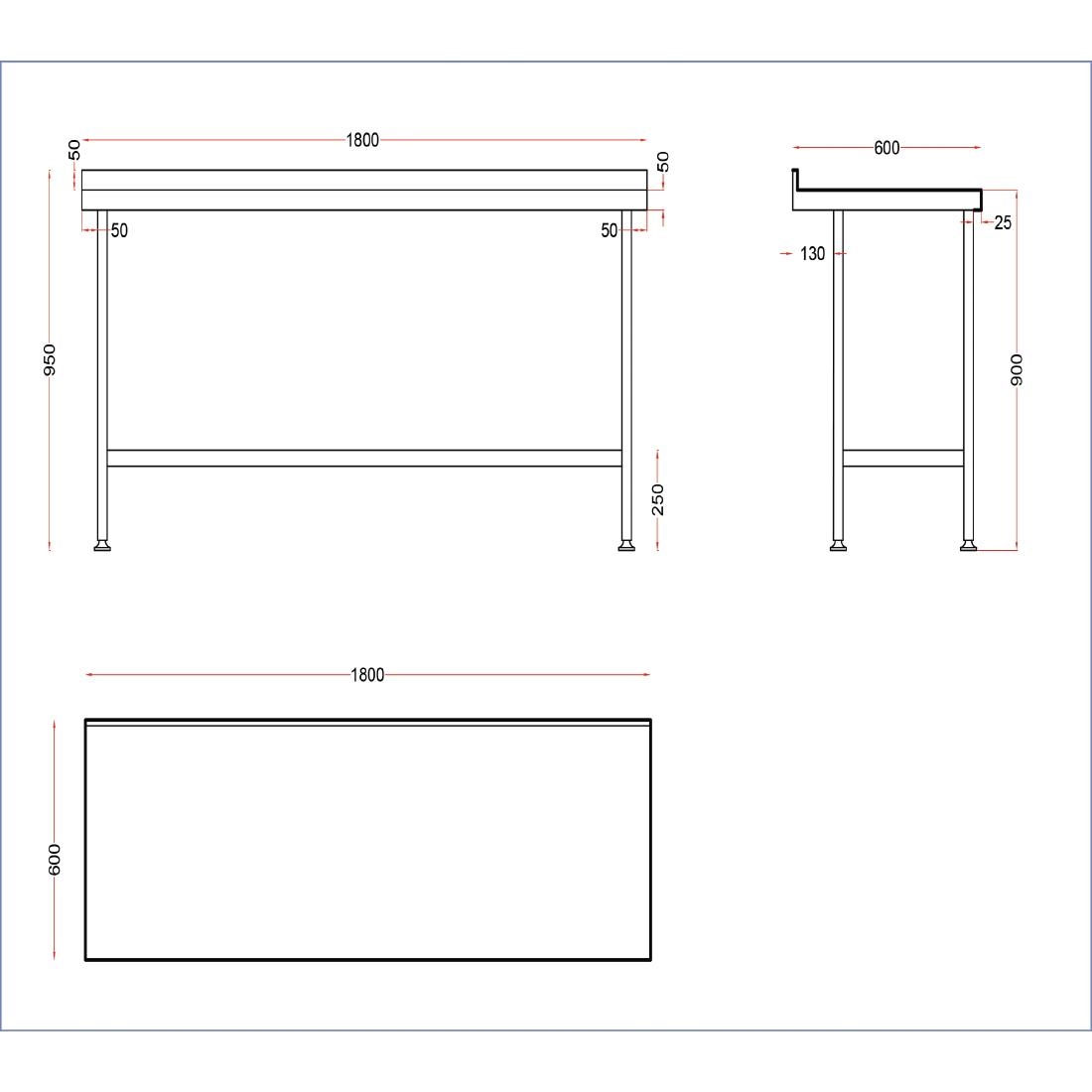 Holmes Stainless Steel Wall Table with Upstand 1800mm