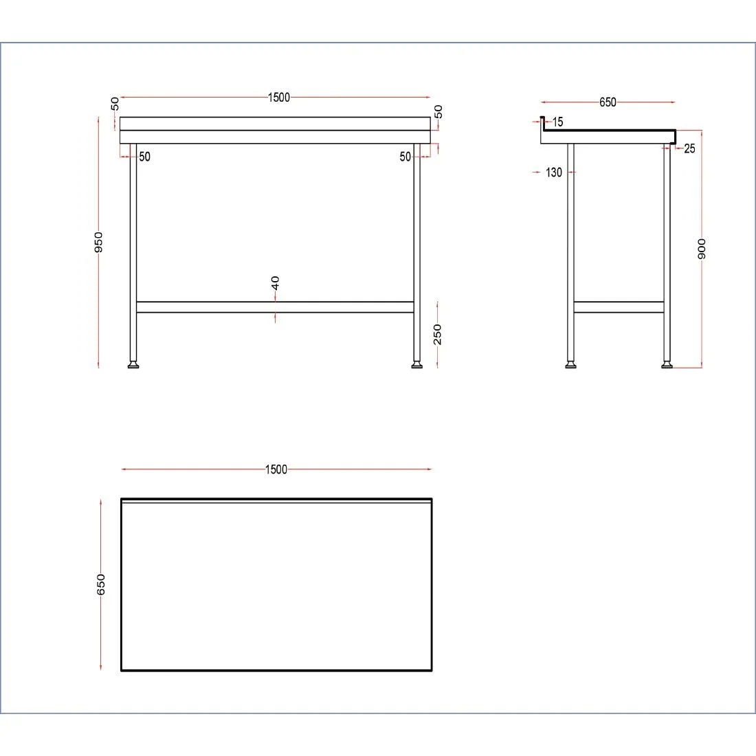 Holmes Stainless Steel Wall Table with Upstand 1500mm - Image 3