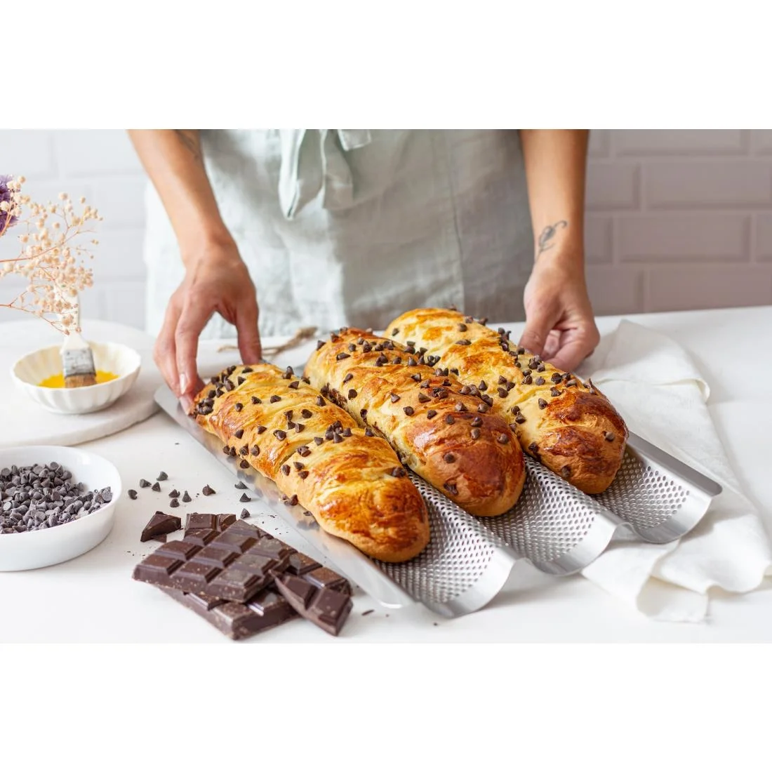 De Buyer Perforated Baguette Baking Tray Stainless Steel 245x400mm (3 Pack) - Image 2