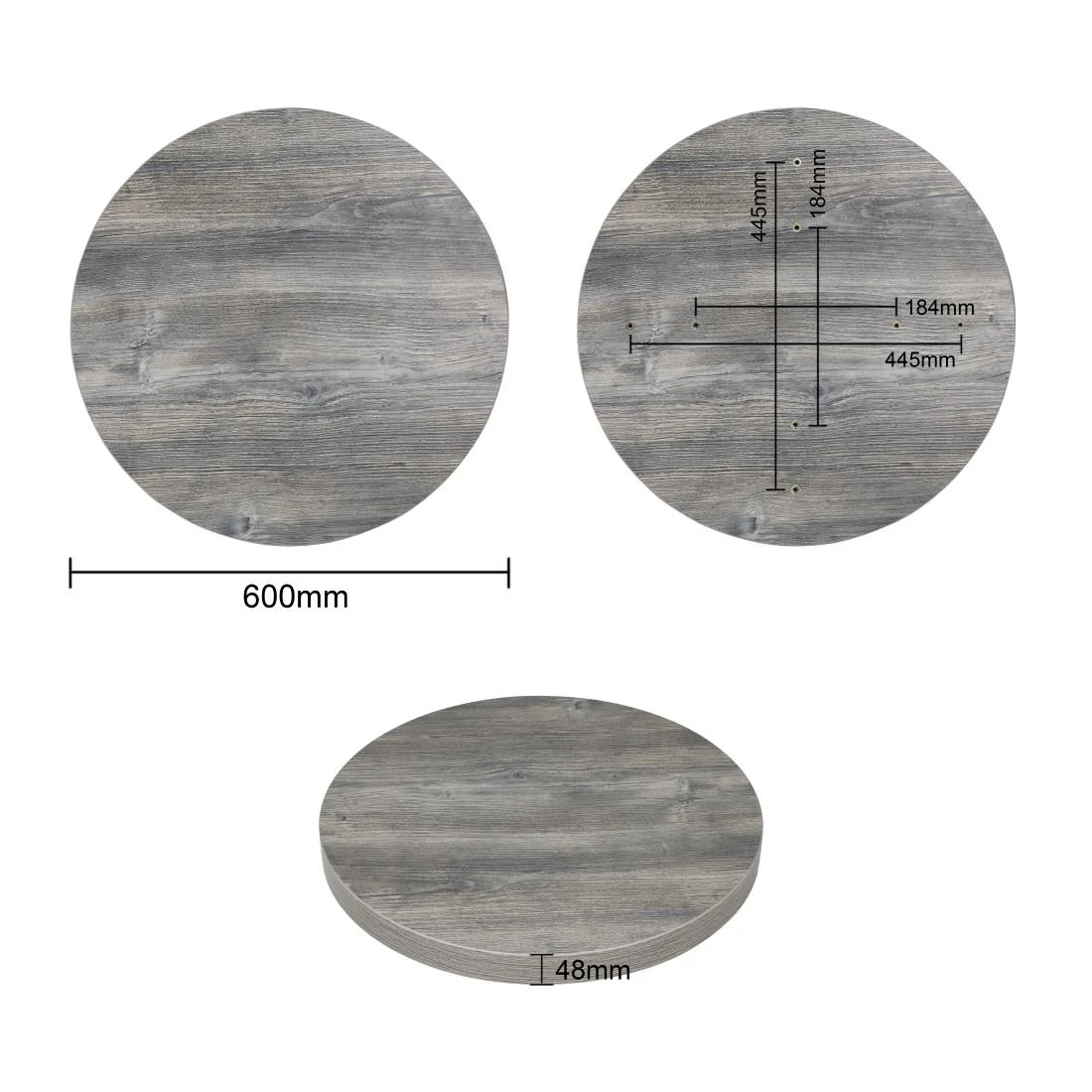 Bolero Pre-Drilled Round Melamine Table Top Ash Grey 600mm - Image 3