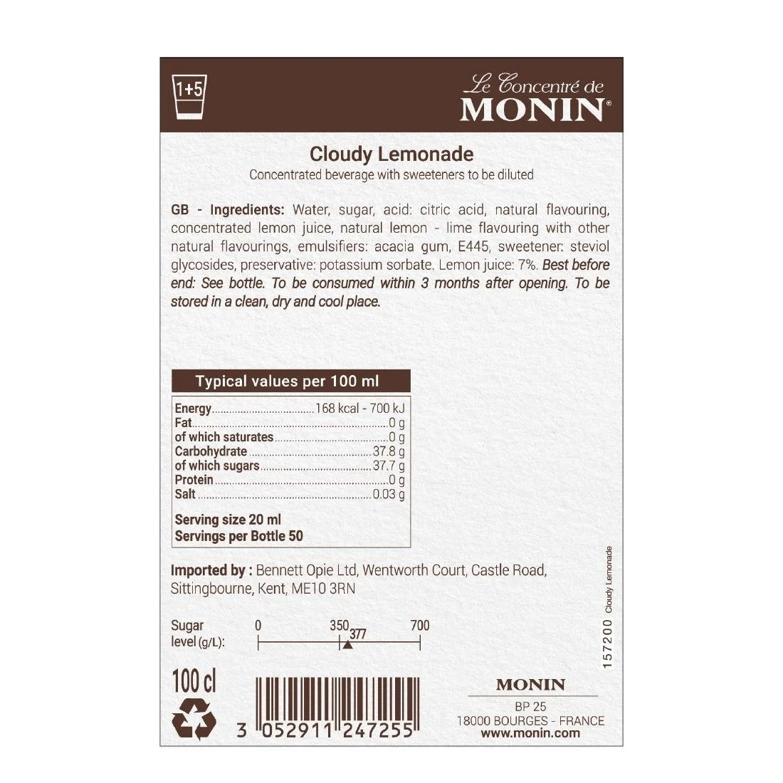 Monin Premium Cloudy Lemonade Concentrate 1Ltr - Image 3