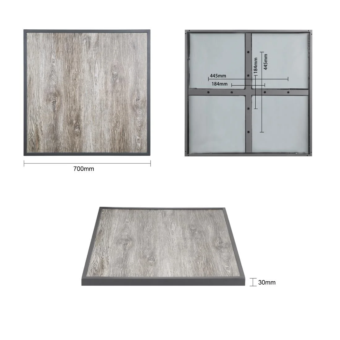 Bolero Wood Grain Effect Outdoor Tempered Glass Table Top Grey Trim 700mm - Image 6