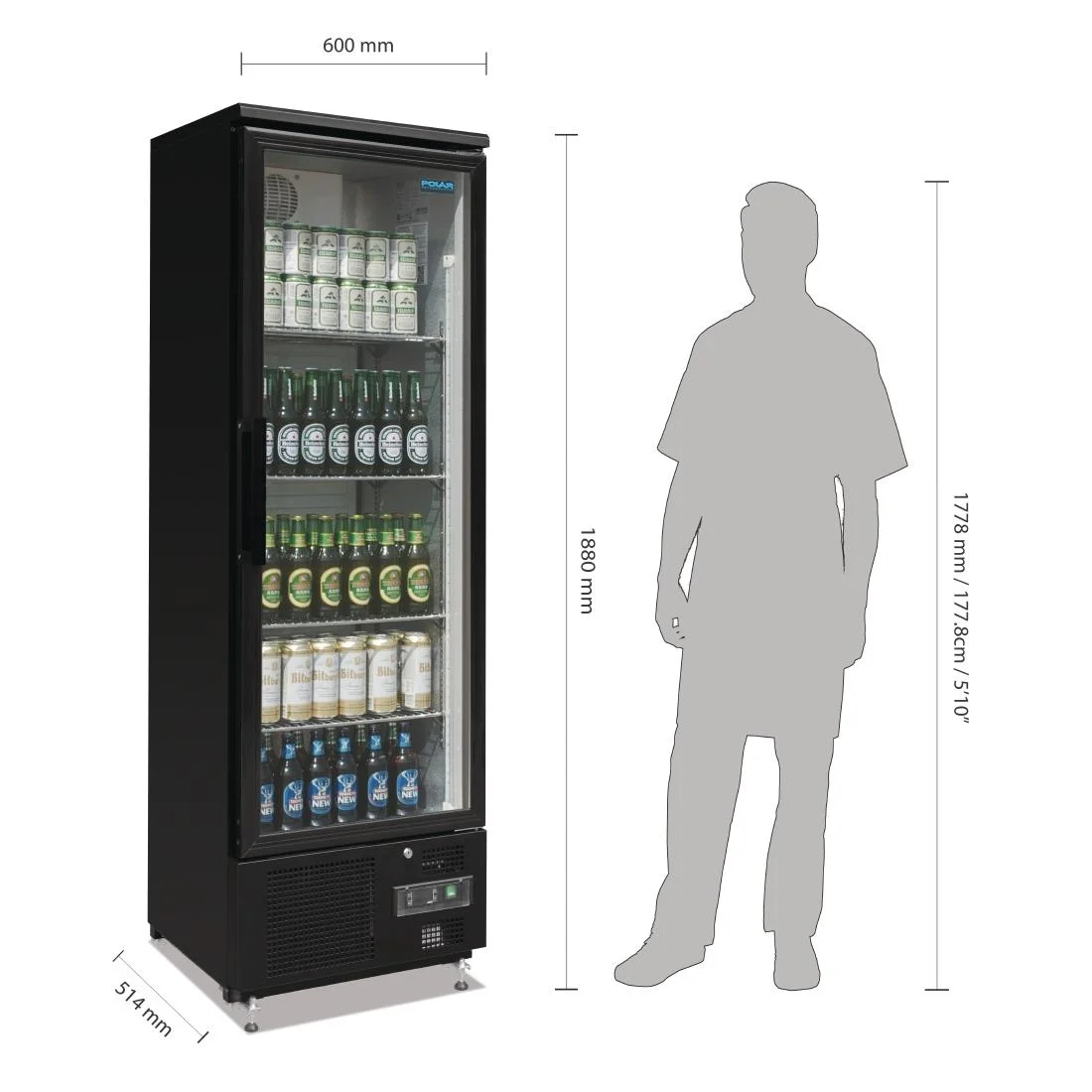 Polar Upright Back Bar Cooler with Hinged Door in Black 307Ltr - Image 2