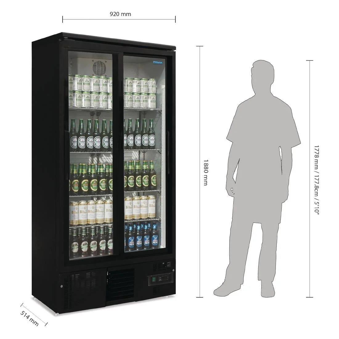 Polar Upright Back Bar Cooler with Sliding Doors in Black 490Ltr - Image 2