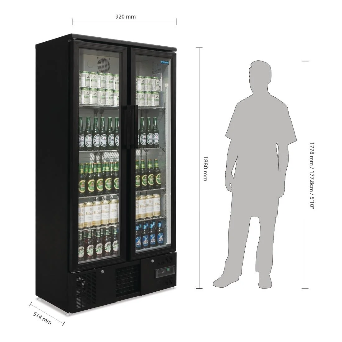 Polar Upright Back Bar Cooler with Hinged Doors in Black 490Ltr - Image 2