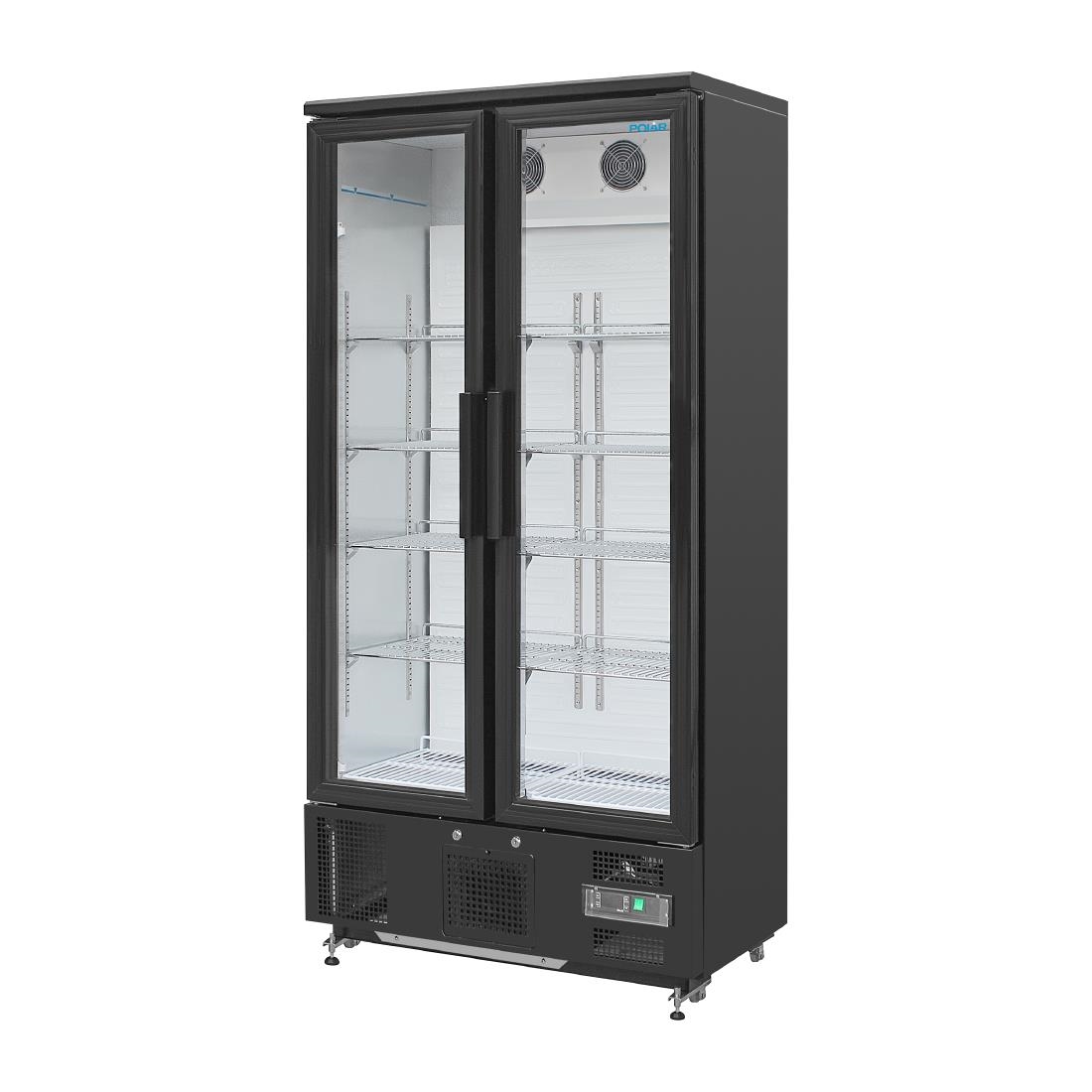 Polar Upright Back Bar Cooler with Hinged Doors in Black 490Ltr