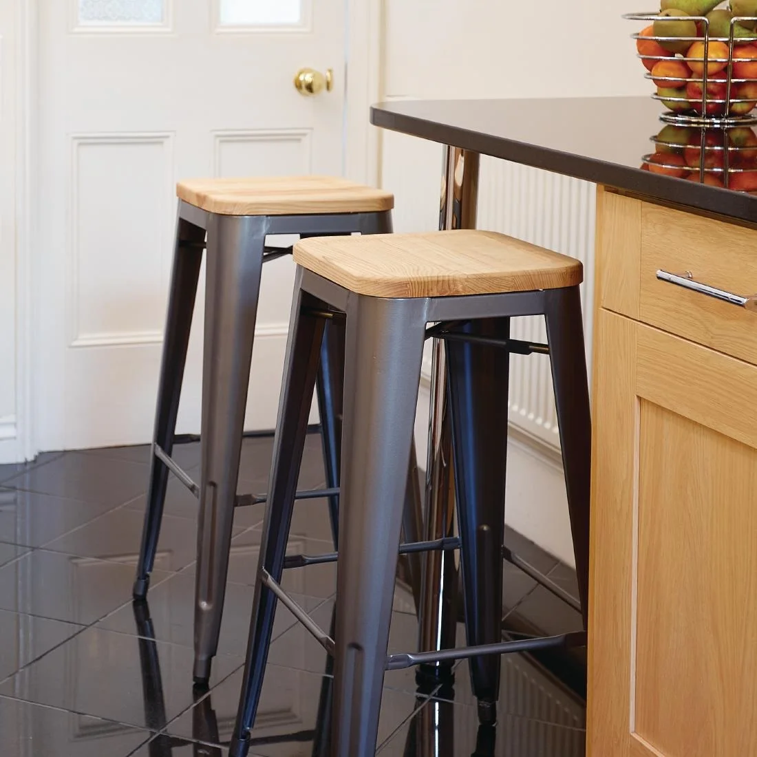 Bolero Bistro High Stools with Wooden Seat Pad Gun Metal (Pack of 4) - Image 9