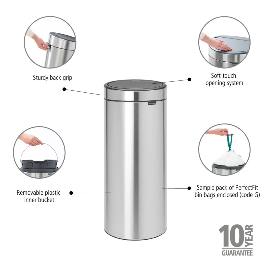 Brabantia Touch Bin Matt Steel 30Ltr - Image 4