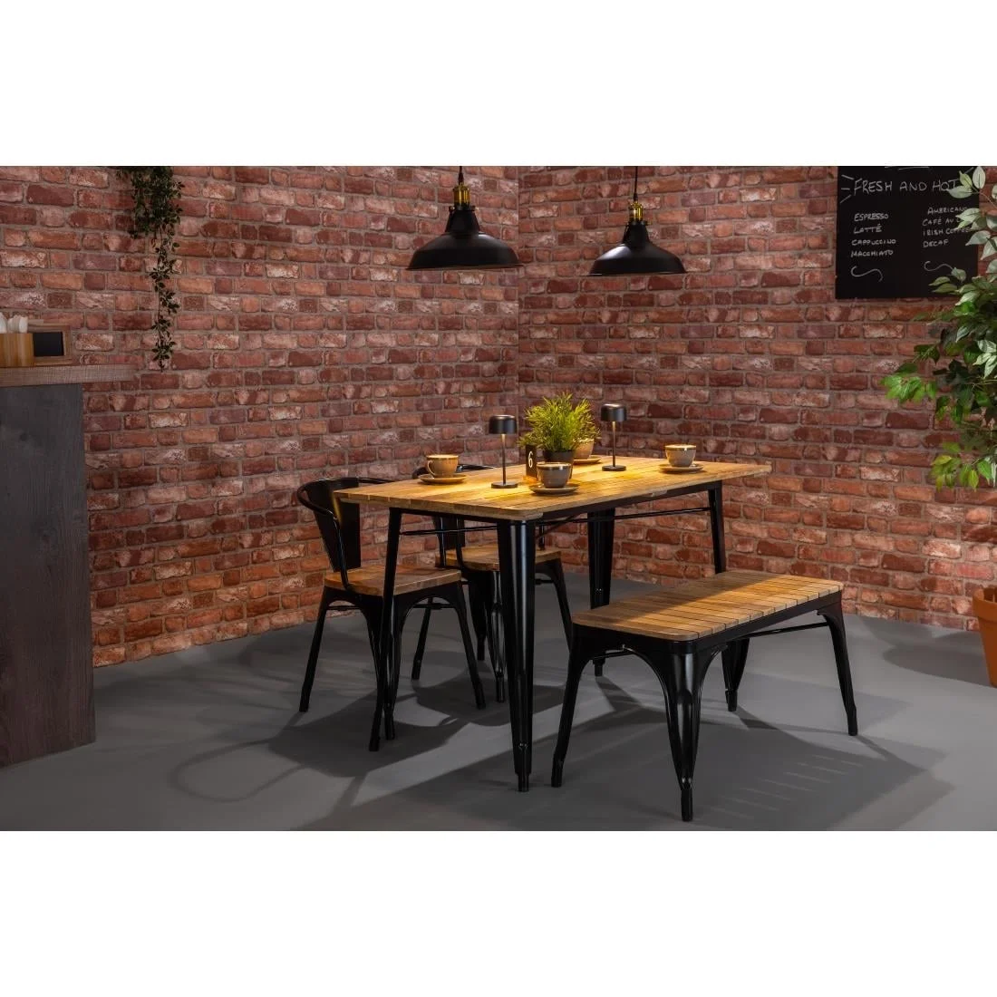 Bolero Bistro Dining Table Slatted Mango Wood Top Black 1200mm - Image 12