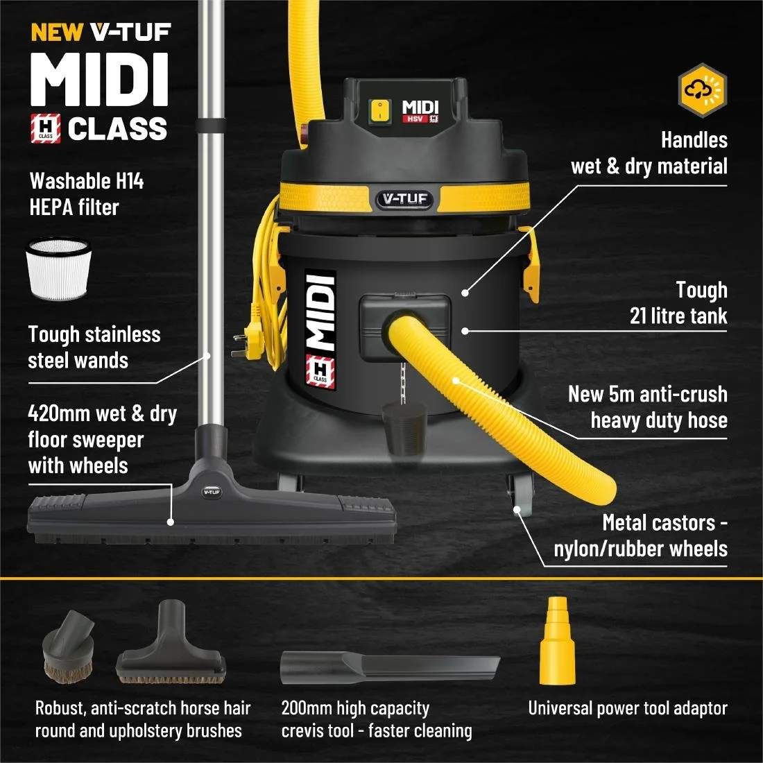V-TUF MIDI H-Class Industrial Dust Extraction Vacuum Cleaner 21Ltr - Image 4