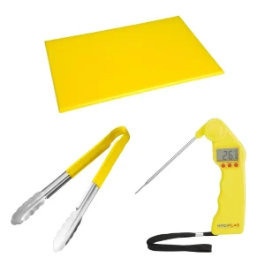 Hygiplas Colour Coded 3-Piece Yellow Tong, Chopping Board & Thermometer Set